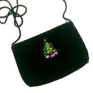 Vintage Christmas Tree Suede Style Shoulder Holiday Purse Black